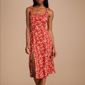 Lulus Garden Date Red Orange Floral Print Ruffle Midi Dress, Size M